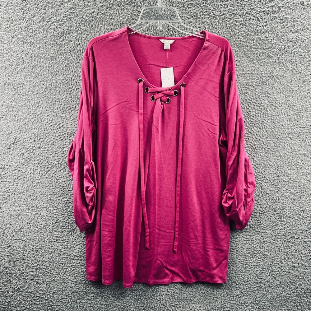 Women Minimalist Tunic Top 18/20W Pink Cozy Lace Up Flowy Draped Relaxed Stretch